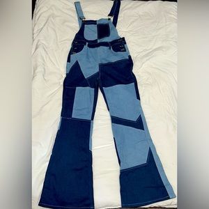 Fashion Nova Denim Jumpsuit. Color Block Patchwork. Bell bottom.